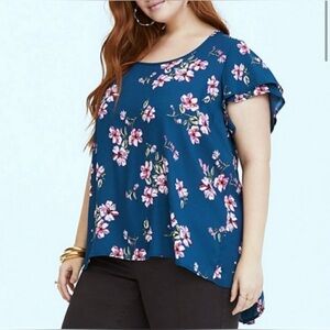 Torrid Georgette Flutter Sleeve Blouse Size 1 Teal with Pink Floral Print
